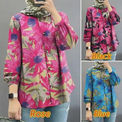 Nueva Camisa Musulmana Floral para Mujer con Mangas Abullonadas 2025