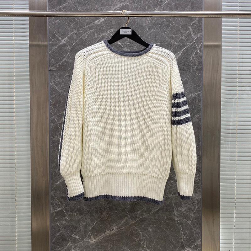 Unisex Chunky Knit Pullover: Four-Bar White-Edged Round Neck Sweater for Autumn & Winter