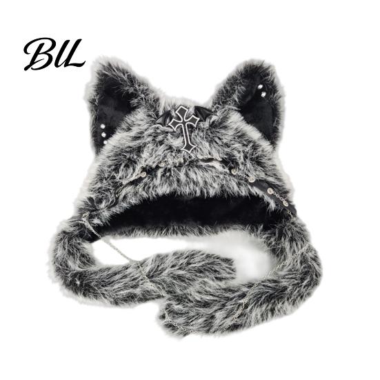 Accessoires de Cosplay Uniques Chapeau Animal en Peluche Mignon, Couvre-chef Oreilles de Chat Poilues, Chapeau Chaud d'Hiver Casquette Douce pour Costume de Fête d'Halloween, Couvre-chef