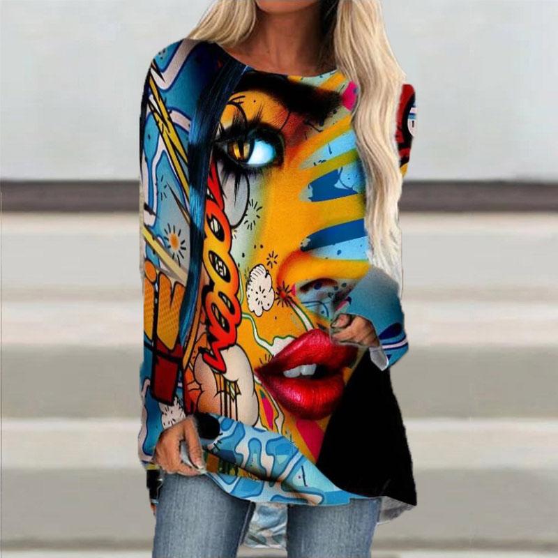 

Женская осенняя футболка размера плюс с полулицом для девочек, удобная футболка с длинными рукавами и круглым вырезом, повседневная мешковатая футболка средней длины, топ