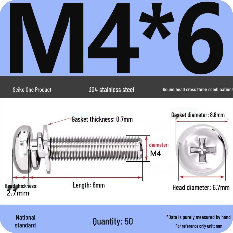 304 Stainless Steel Round Head Phillips Screw with Flat Washer (Sizes M3, M4, M5, M6)