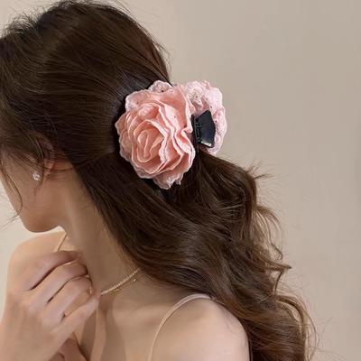 Bestickte Blume Haarspange Kralle für Frauen Sommer Rosa Süße Haarnadel Haar-Krabbe Kopfschmuck Mädchen Reise Foto Haarschmuck