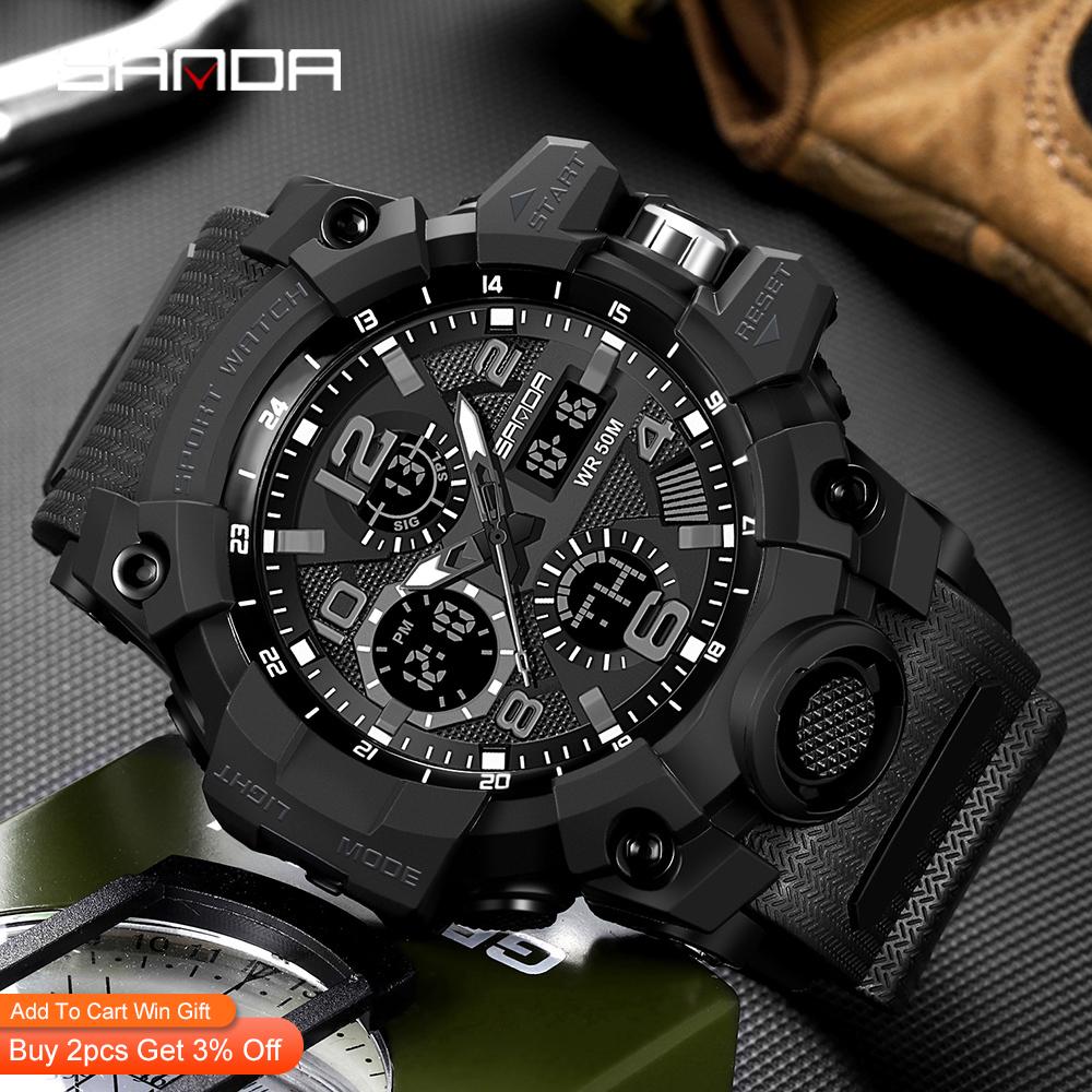 SANDA Sports Military Men's Watches Waterproof Dual Display Quartz Wristwatch For Male Clock Stopwatch Relogios Masculino