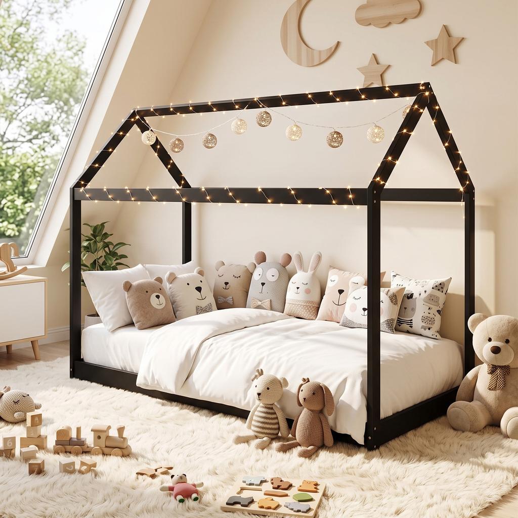Single Bed Frame, House-Scandinavian-Style Wooden Bed Frame for 90W x 190D cm Mattress, Black