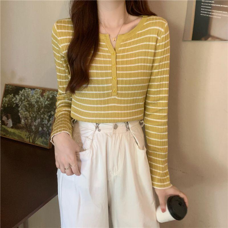 Versatile Striped Long Sleeve Knitwear Women's Early Autumn Winter Thin Loose Outerwear Base Layer Top