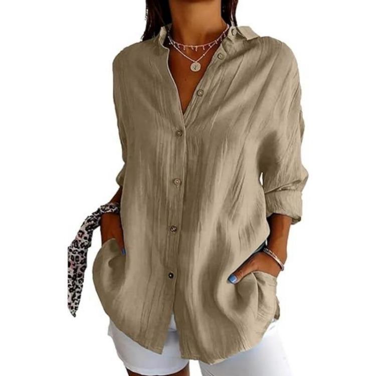 European Style Women Solid Pleated Shirt with Lapel and Roll Up Sleeves