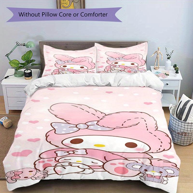 3pcs My Melody, Kawaii Breathable Polyester Bedding Set Soft Duvet Cover and 2 Pillowcases,Suitable for All Seasons, 082651b