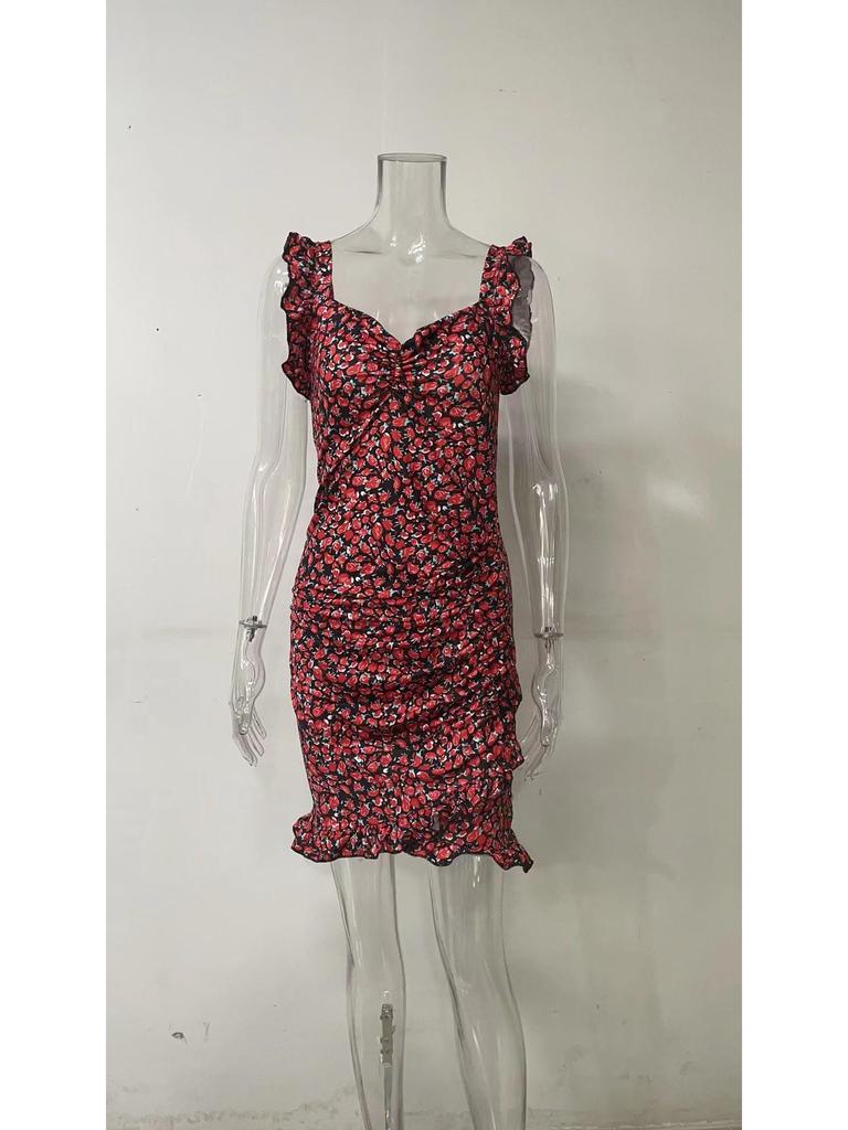 Summer 2026 Floral Print Ruffle Sleeveless V-neck Dress
