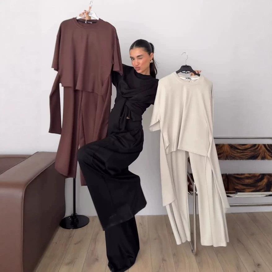 European and American women's clothing new round neck short-sleeved lace-up waist top mopping floor wide-leg pants temperament set