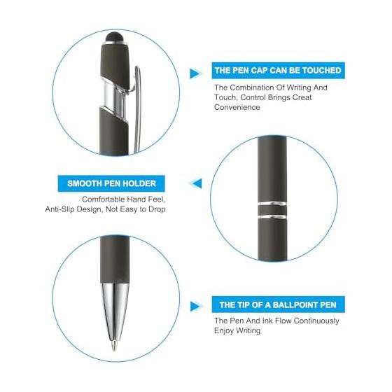 PATIKIL 12 Pcs Ballpoint Pen with Stylus Tip, 2-in-1 Metal Pen, Black Ink, 1.0mm Medium Point, Stylus Pen for Touch Screens, Style 3 Gray