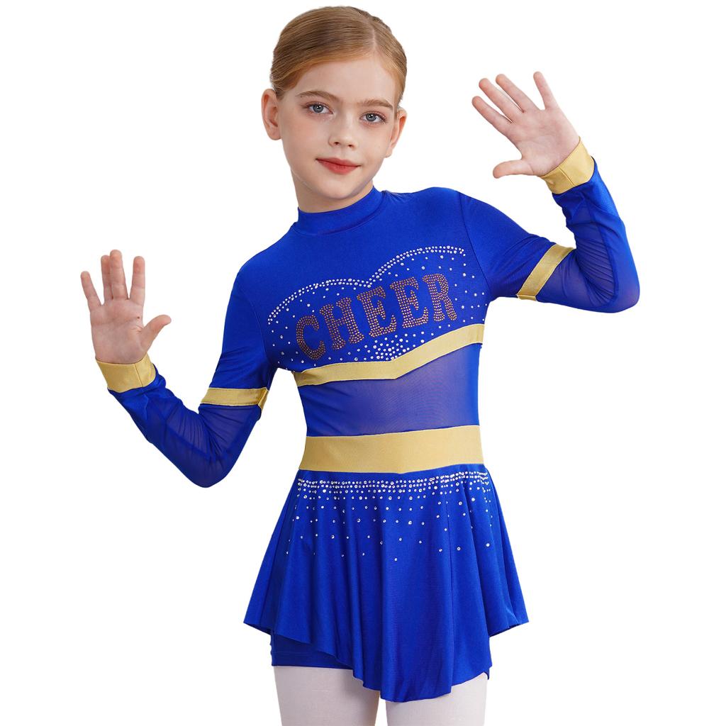Girls One-Piece Cheerleading Costume: Long Sleeve Mesh Patchwork Shiny Diamonds Jumpsuit for Dance Gymnastic Performance