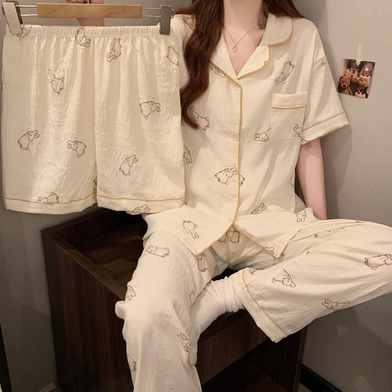 Korean Minimalist Rabbit Print Cloud Cotton Pajama Set: Ladies' Wearable Three-Piece Homewear