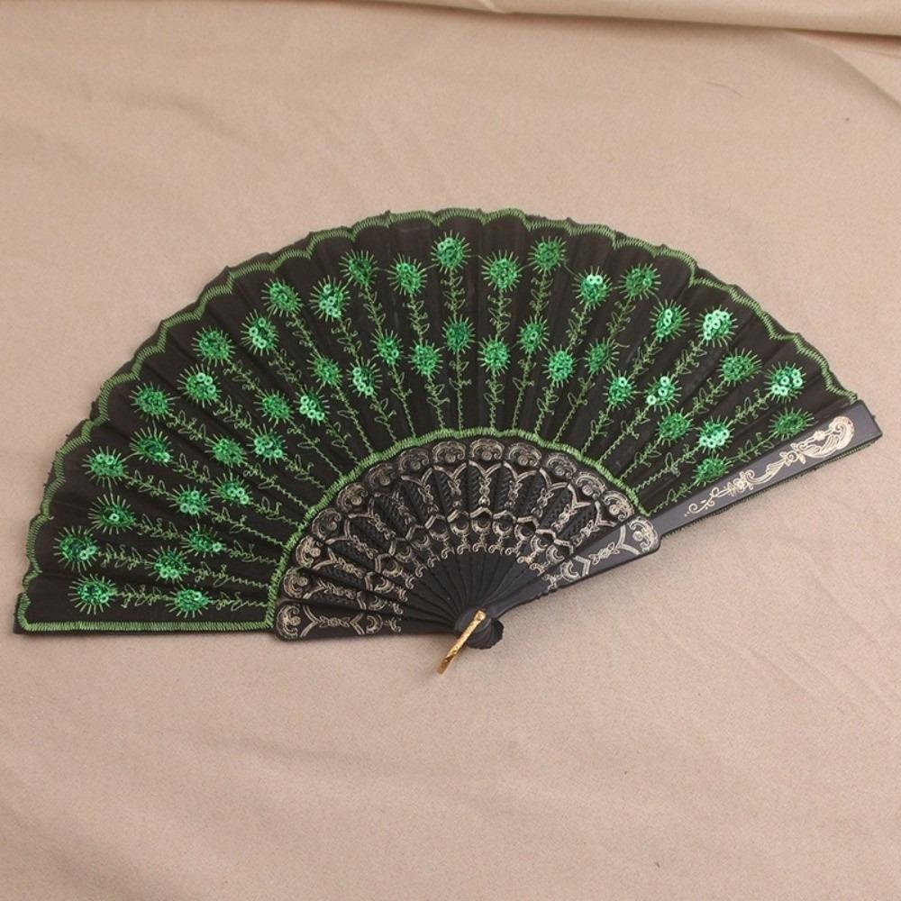 Sequin Embroidery Chinese Folding Fan Peacock Pattern Handheld Fan Plastic Fan Home Decor