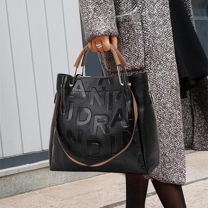 High End Black Women's Handbag with Large Capacity Made of High-quality Cowhide and Printed with Letters