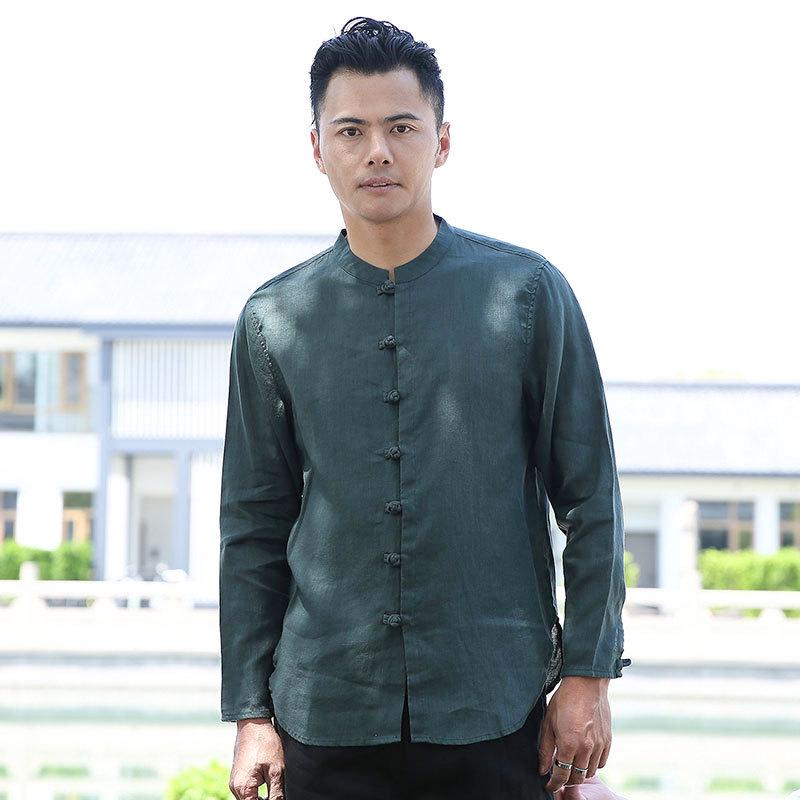 

Молодежная мужская рубашка с длинным рукавом из 100% льна в китайском стиле на каждый день на осень 2XL темно-зеленого