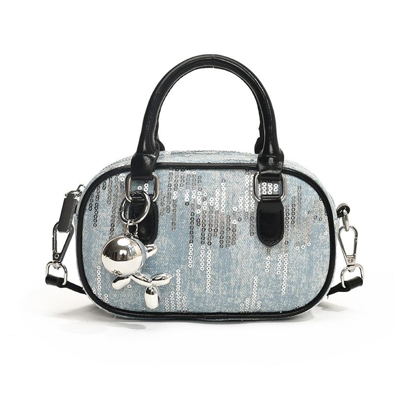 Ielgy Korean Style Denim Sequined Portable Bowling Bag Contrast Color One-Shoulder Messenger Small Square Bag