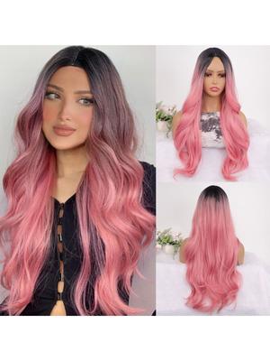 Sintético Largo Ondulado Rizado 28 pulgadas Ombre negro a rosa PARA MUJERES Cosplay halloween Pelucas con Flequillo Fibra Resistente al Calor Flequillo Cabello