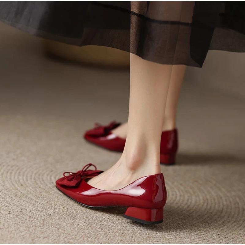 Fashion Black Kawaii Ladies Summer Footwear Square Toe Cute Low Heel Elegant with Bow Shoes for Women Red Y2k On Offer Chic Point