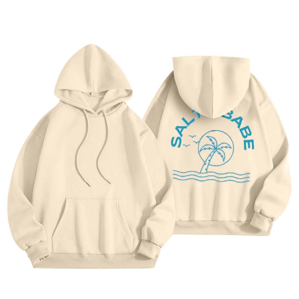 Women's Fashion Long Sleeve Sweatshirt Letter Printed Hooded Drawstring Pullover Oversized Pocket Sweatshirt Top