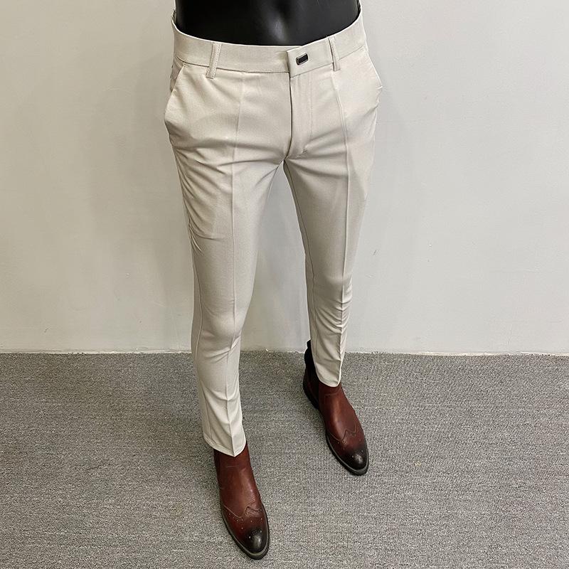 Men's Slim Fit Elastic Straight Leg Korean Style Cropped Business Casual Pants