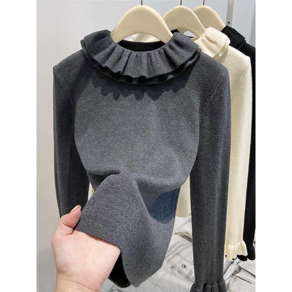 Premium Ruffle Edge Long-sleeved Knitted Sweater for Women's Autumn and Winter New Inner Sweater Bottoming Top