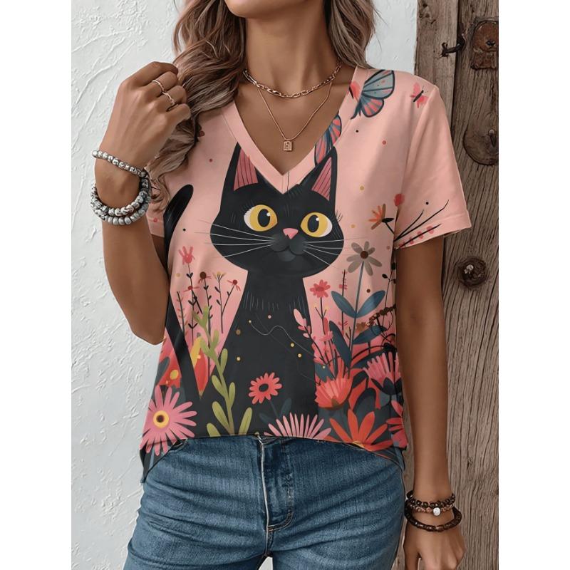 Camiseta casual de verano para mujer con cuello en V y manga corta, con estampado 3D de moda, adecuada para salir o para estar en casa
