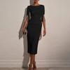 Women's Slim Fit Embellished Sleeve Midi Dress Elegant Formal Office Pencil Dress with Beaded Detail and Crew Neck Design for Special Occasions