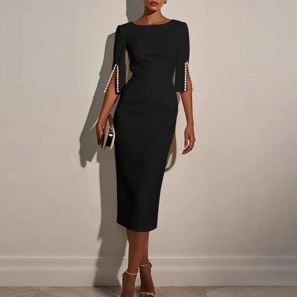 Women's Slim Fit Embellished Sleeve Midi Dress Elegant Formal Office Pencil Dress with Beaded Detail and Crew Neck Design for Special Occasions