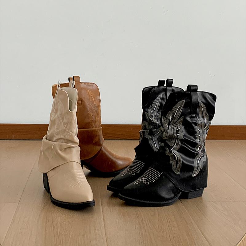 Fashion Vintage Pointed Toe Thick Heel Woman Western Cowgirl Boot Casual Slip On Short Booties Autumn Winter Hottie Shoes