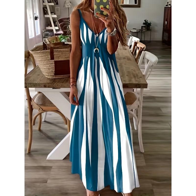 Women's Fashion Summer Spring Colour Block Print Sleeveless V-Neck Loose Waistline Casual Dresses