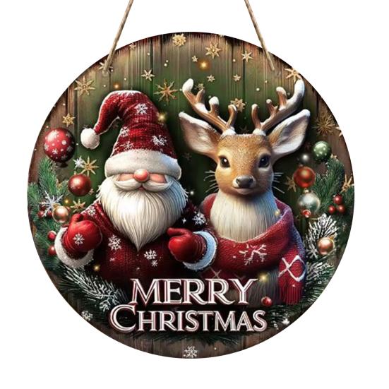 Round Christmas Wooden Wreath Sign Festive Wall Hanging Decor for Indoor Door And Holiday Home Display Crafted Sign