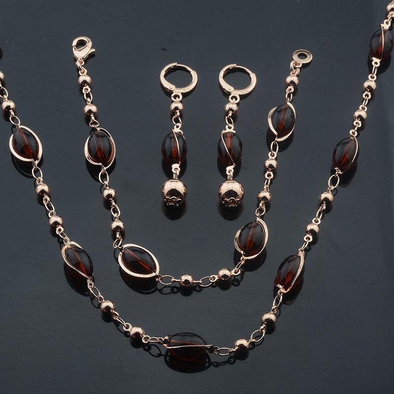 Women 14K Rose Gold Green Brown Bead Bracelet Necklace Earring Set Jewelry
