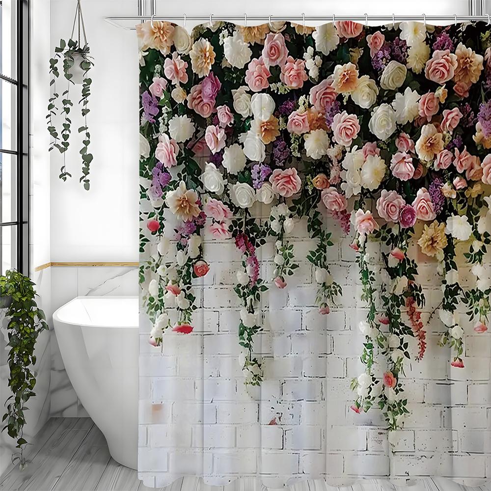 Spring Flower Wall Rose White Brick Wall Shower Curtain, Bathroom Decorative Shower Curtain, Waterproof Shower Curtain with Hook
