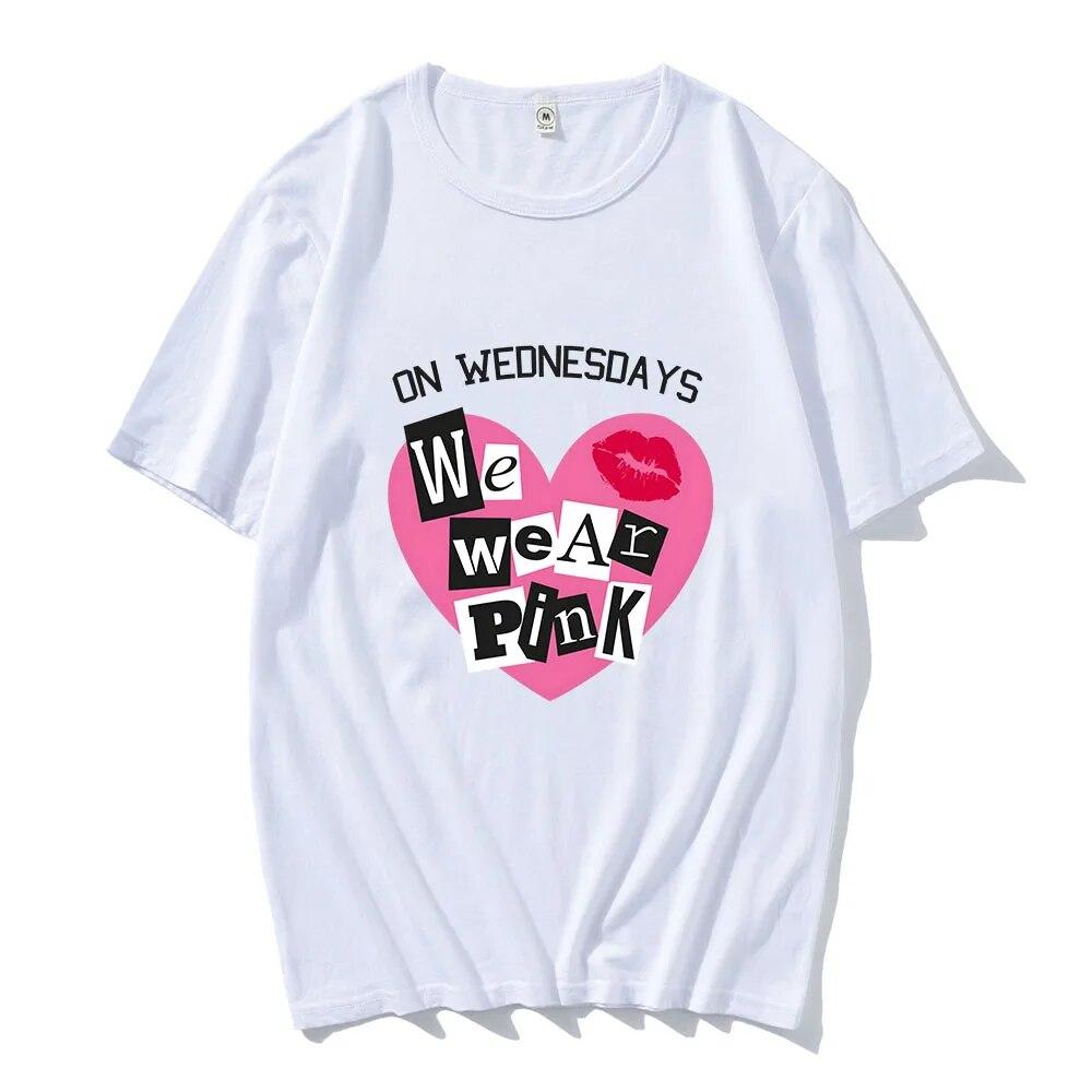MeanGirls ოთხშაბათს ჩვენ აცვიათ ვარდისფერი მაისურები მოკლე მკლავიანი რბილი ბამბის მაისური ყოველდღიური გაზაფხულის ქალთა/მამაკაცის გრაფიკული პრინტით მაისური
