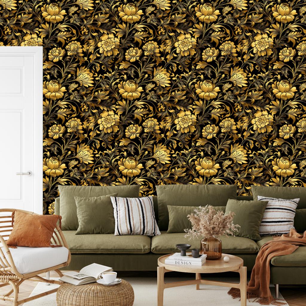 Wallpaper Golden Hibiscus Ochre and Gold, Ochre Background 50x1000