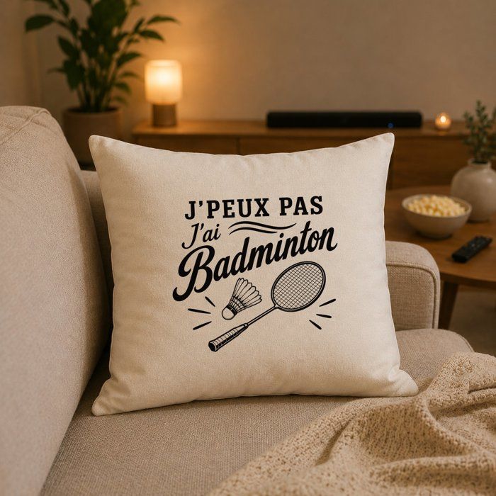 Housse de Coussin J’peux pas j’ai Badminton J'peux pas minimaliste | Coton Canvas Fairtrade 305 g/m² Zip Invisible Taille 40×40 cm