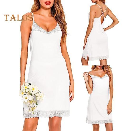 Damen Nachthemd mit Spitze, Spaghettiträger, V-Ausschnitt, Chemise, Nachtwäsche, Ganzunterkleid, Babydoll, Schlafkleid, Sommer, weiche Nachtwäsche