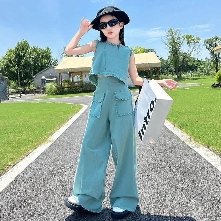 Teen Girl Jeans Fille Ensemble Design Round Neck Vest+Wide Leg Pants 2pc Junior Kid Rough Edges Denim Clothes Suit Child Outfits