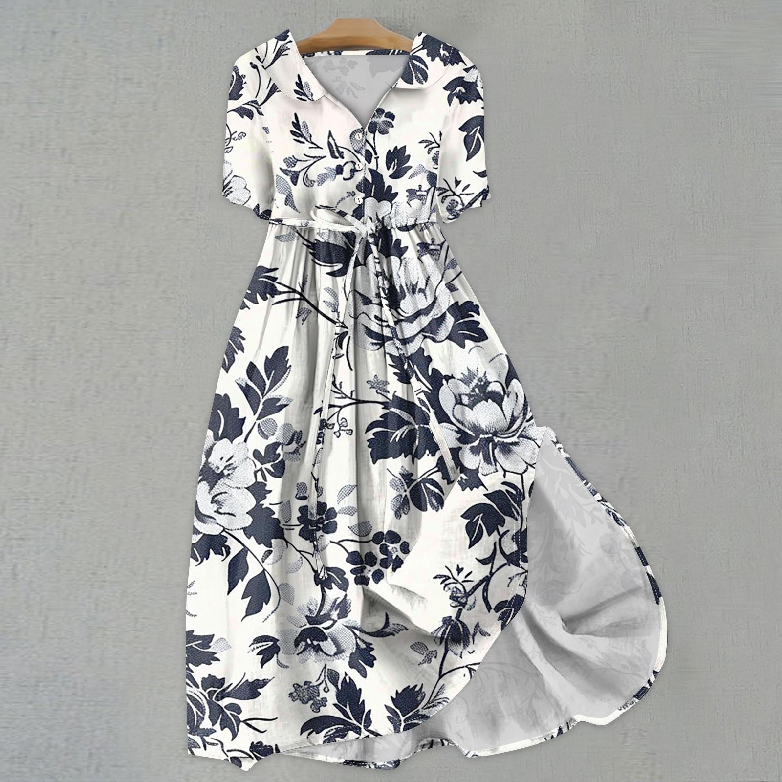 

Женская мода повседневное платье с воротником с лацканами и короткими рукавами с принтом и ремнями XXXL белый