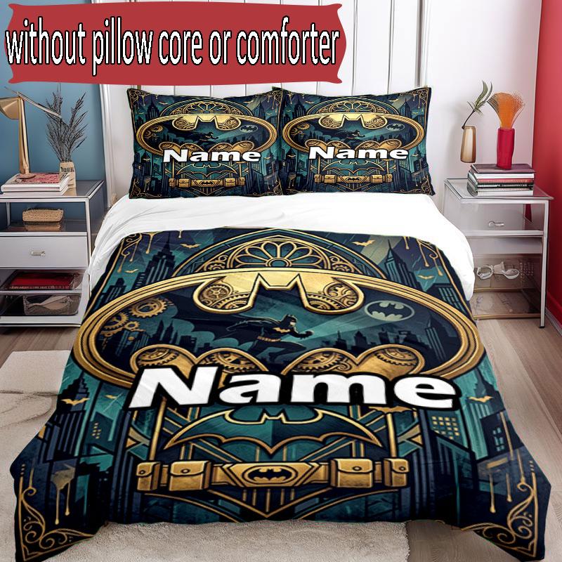 3pcs Duvet Cover Set (1*Duvet Cover + 2*Pillowcase, Without Core), Custom Name Batman Pattern Bedding Set, Home Bedroom Decor Gift