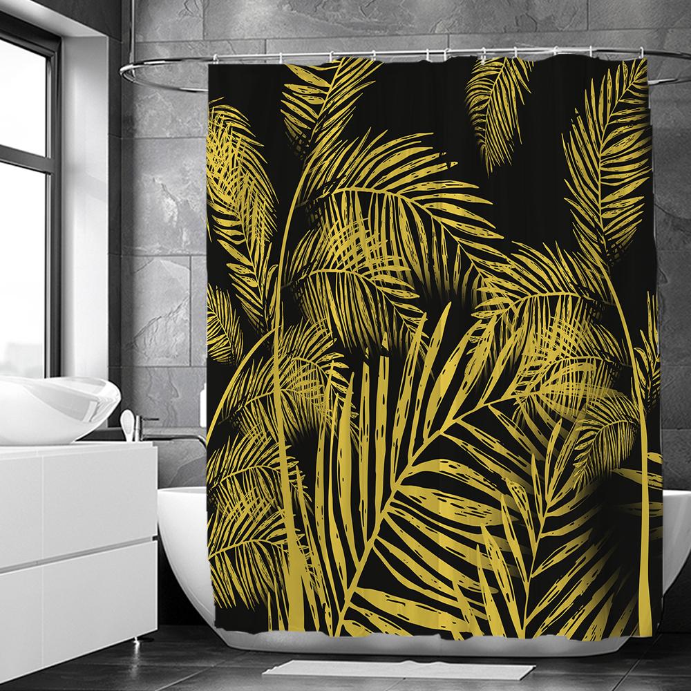 Black and Gold Tropical Plant Palm Leaf Bathroom Shower Curtain Set for Bathtub Exotic Leaves Bath Mats Rugs Toilet Home Decor