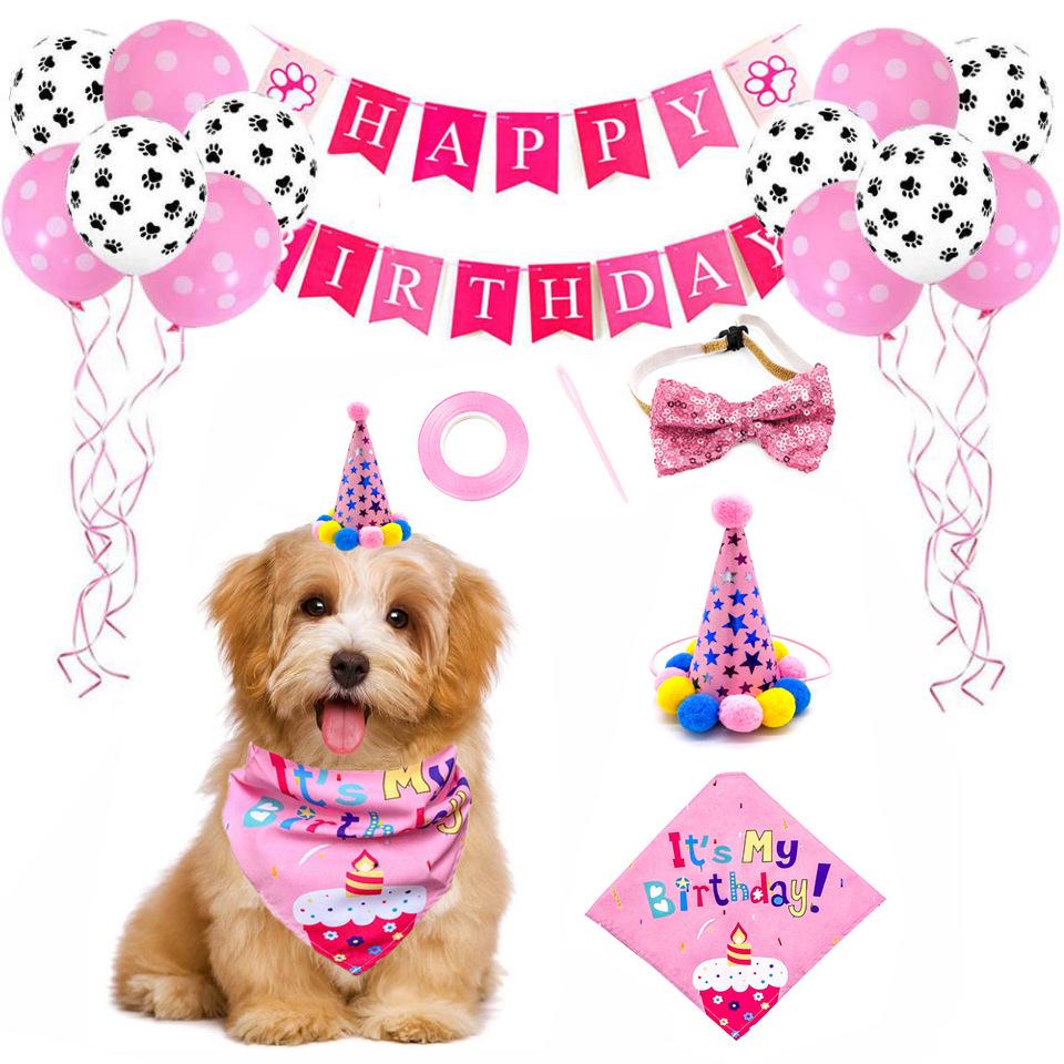 Pet Birthday Party Decoration Set: Dog and Cat Balloons, Hat, Props, Banner, and Pull Flag