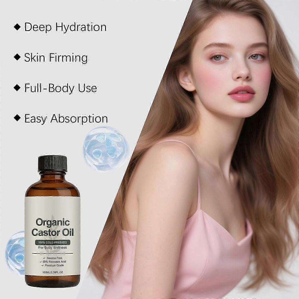 Cold Pressed Organic Castor Oil, Hexane-Free Natural Body Oil for Daily Skin Hydrating & Moisturizing, Multi-use Gentle Facial & Body Massage Oil 100m