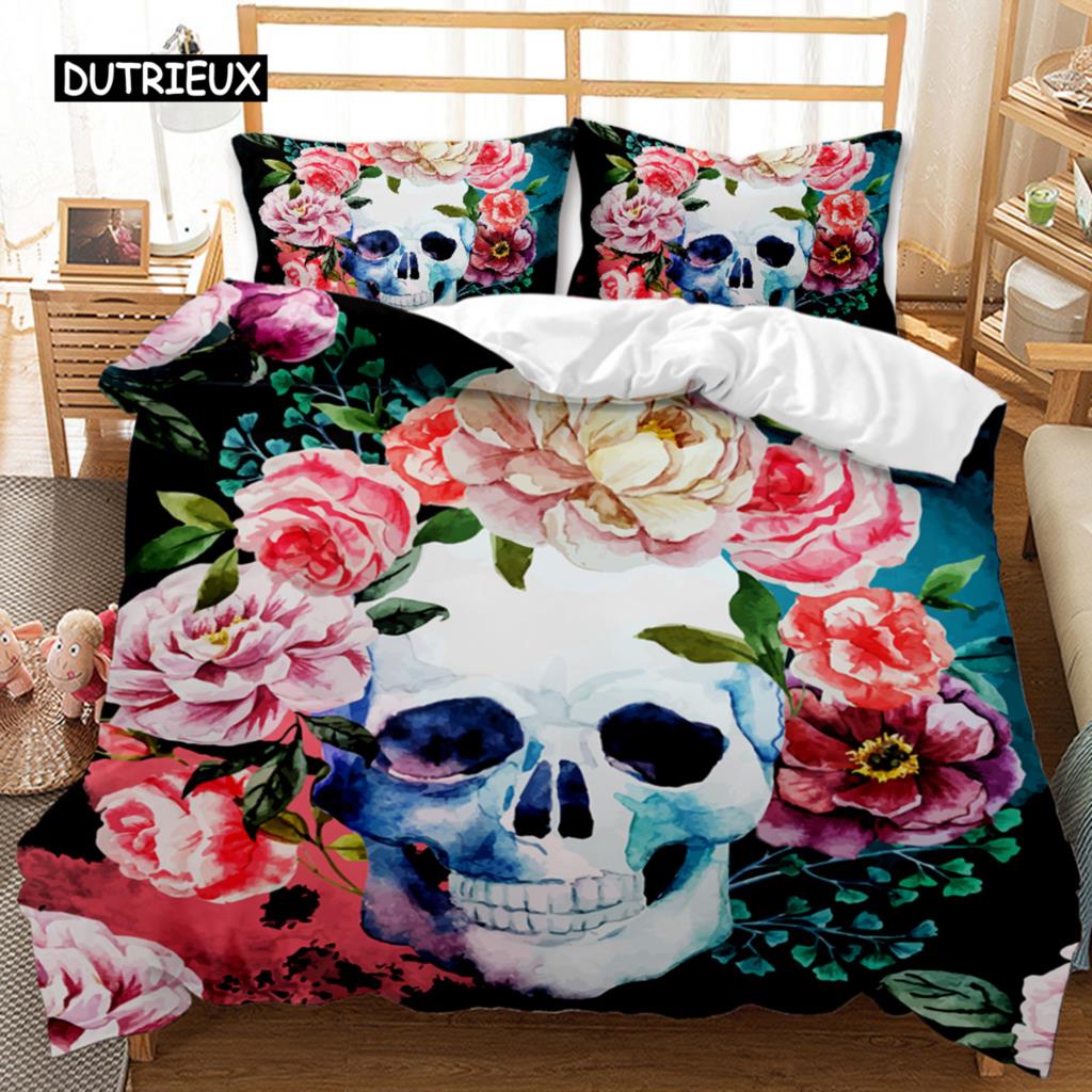 Skull Duvet Cover Set Rose Floral Twin Bedding Set Printed Valentine's Day Halloween Skull Gothic Skeleton Polyester Qulit Cover
