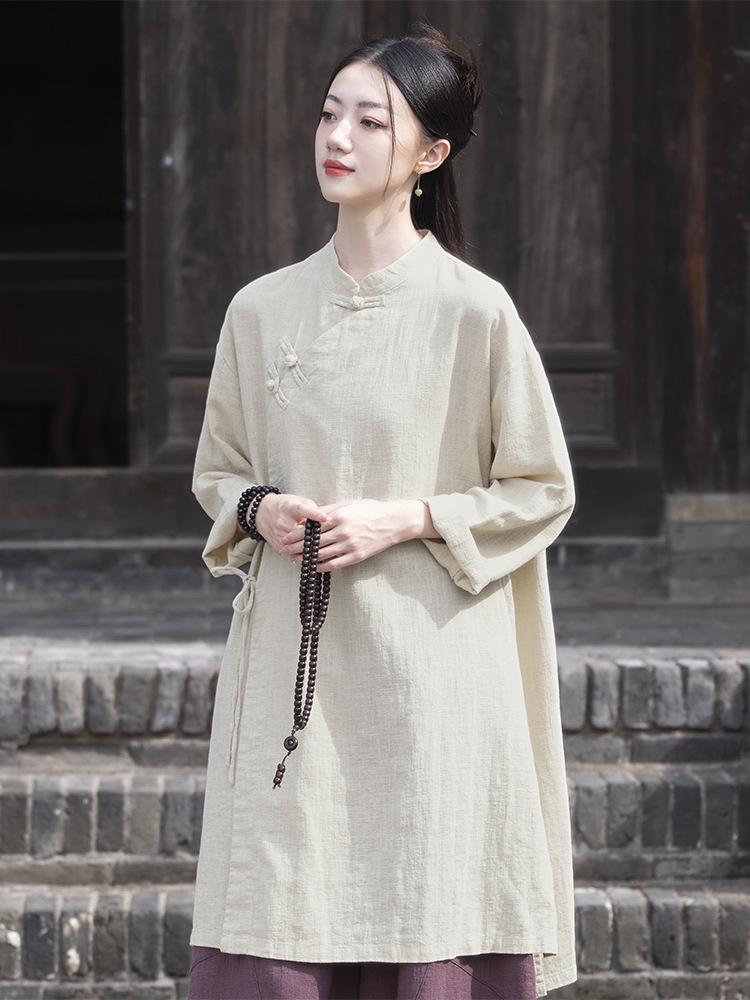 2026 Spring Women's Asymmetrical Cotton Linen Robe with Frog Buttons and Tie-Up Collar - Retro Chinese Zen Tea Wear