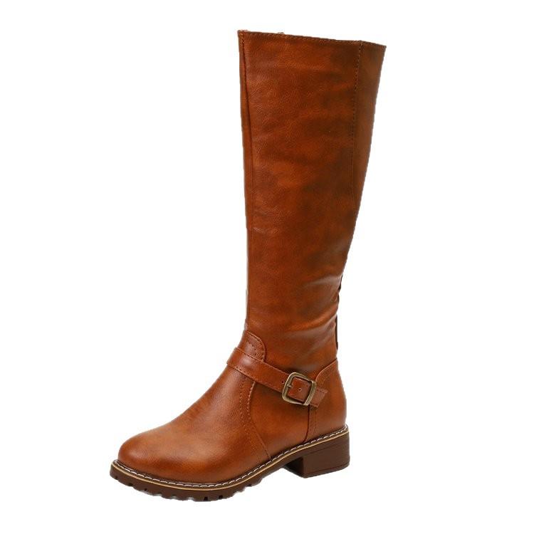 Autumn And Winter Flat-Bottomed Knight Women'S Leather Boots European And American Long Boots Belt Buckle Large Size High Boots