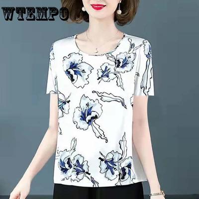 Printed Ladies Ice Silk T-Shirt Loose Round Neck Short Sleeves Casual Thin Pullover Top Summer New Fashion Daily Wear