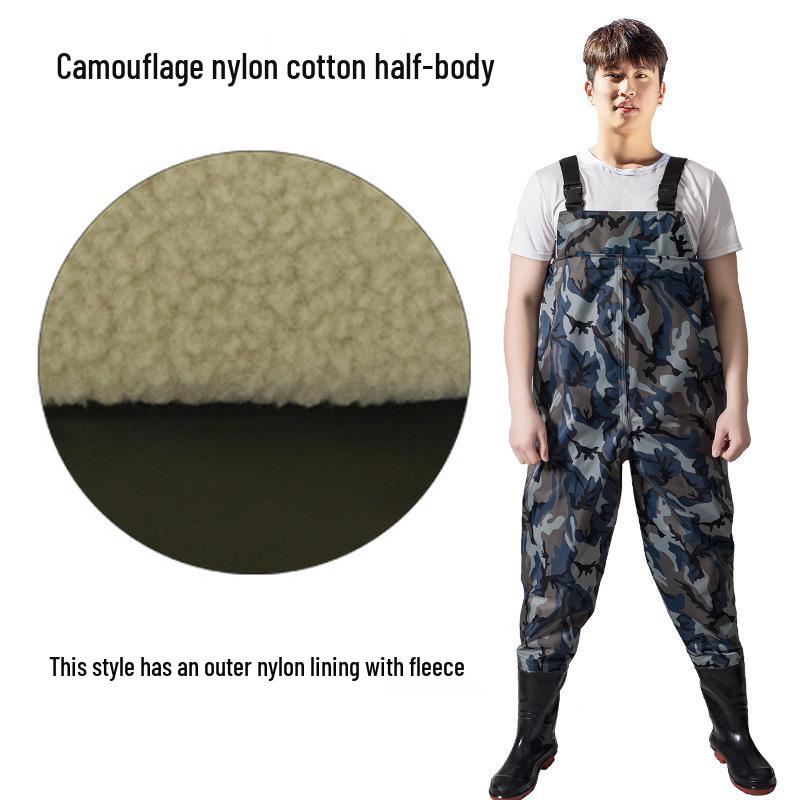 Men's Waterproof Fishing Gear: Rain Pants with Boots, Half-Body Suit, Leather Fork, Full-Body Water Shoes.