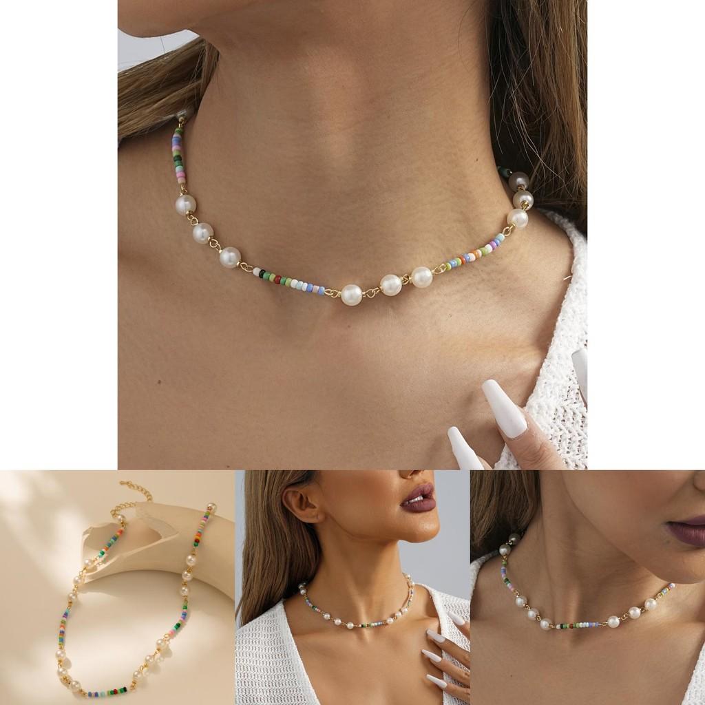 Colorful Beaded Contemporary Necklace With Faux Pearls Stunning Geometric Style Perfect For All Occasions