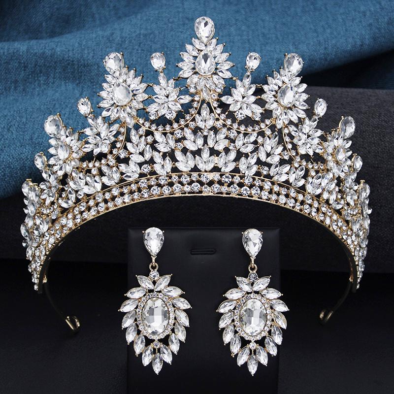 Baroque Rhinestone Bridal Large Crystal Crown and Earrings Set Wedding Headdress Party Accessories Pageant Queen Tiara Jewelry
